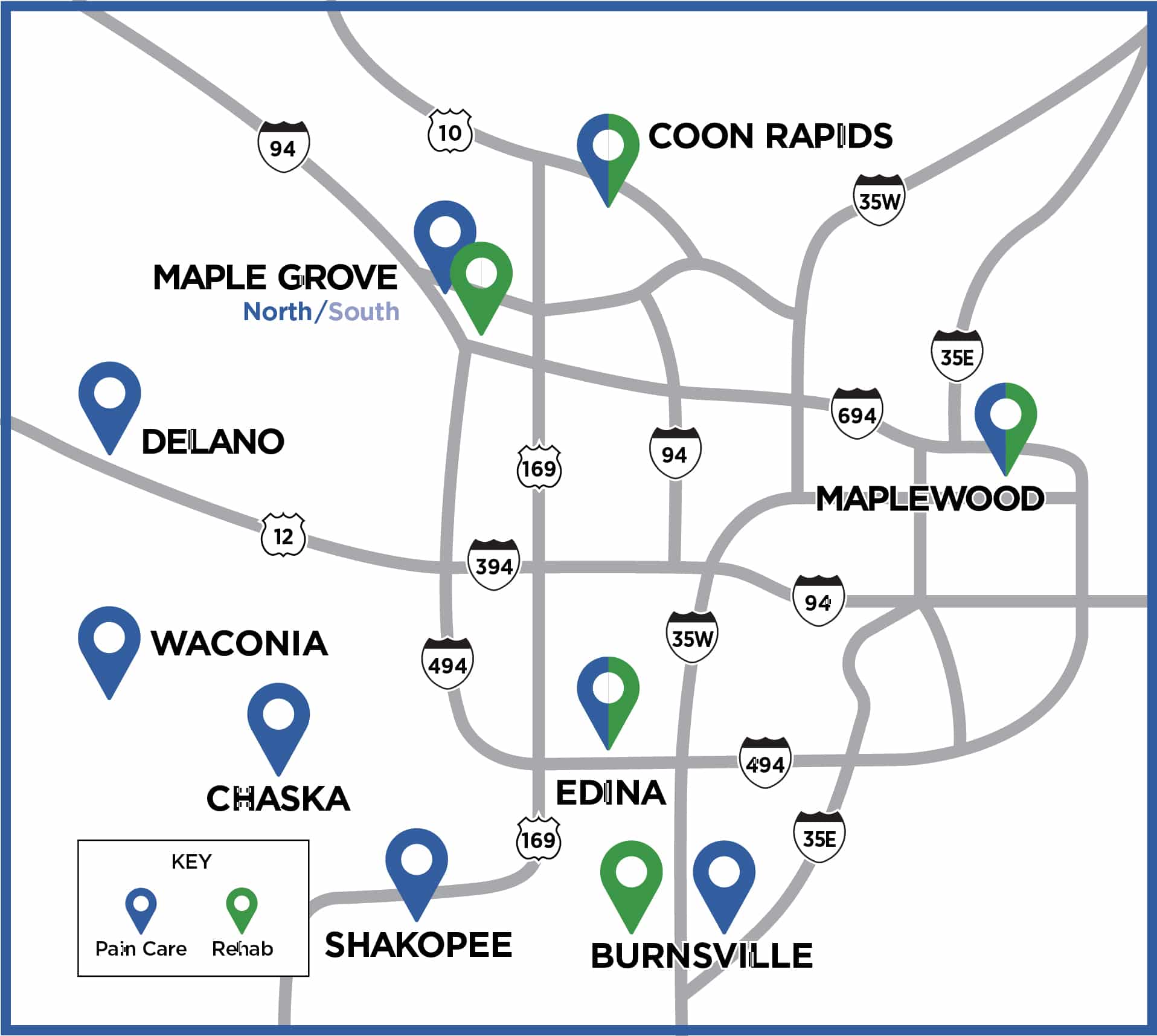 iSpine Clinics Map April 2026 outline iSpine Clinics map of Twin Cities locations
