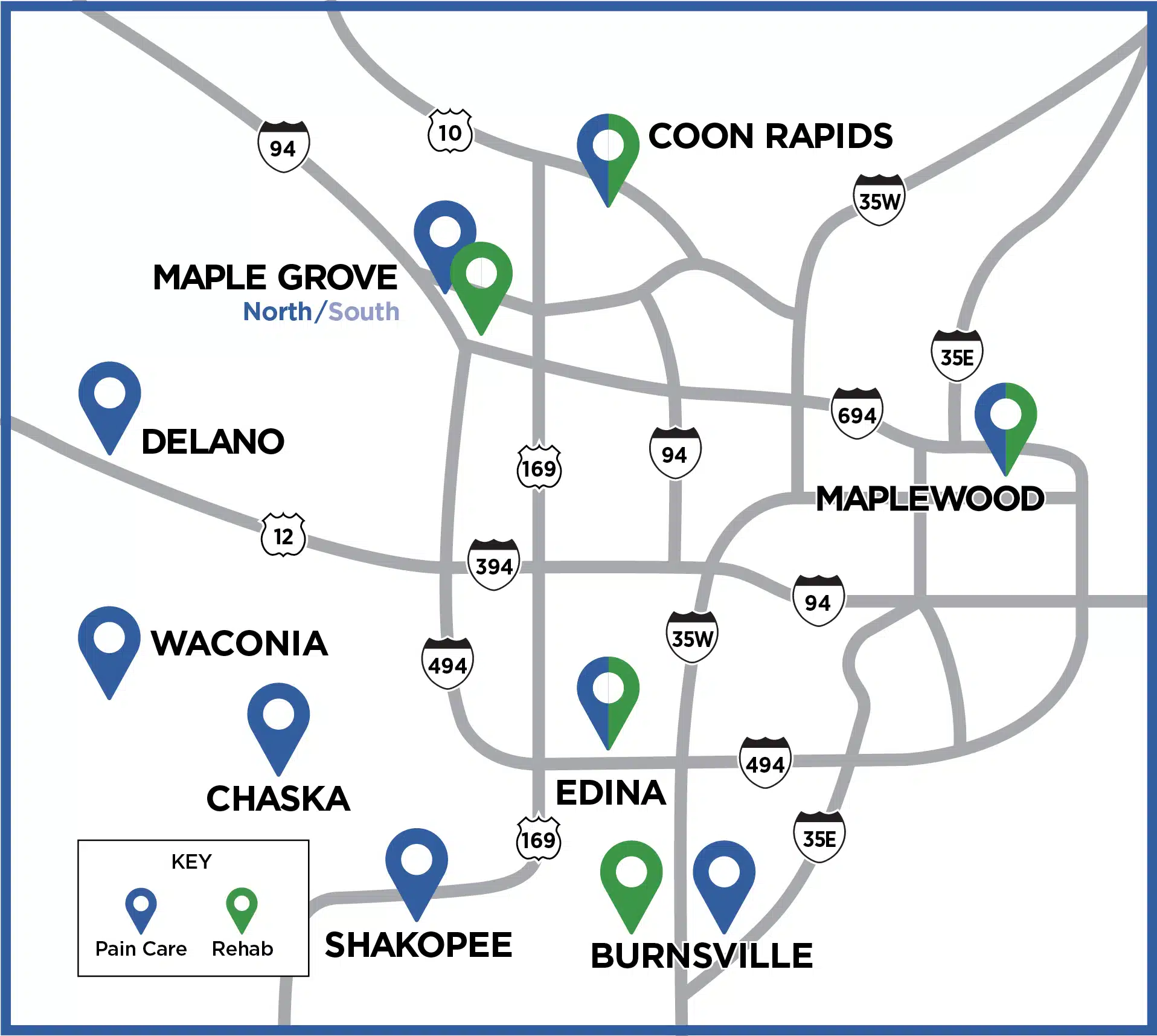 iSpine Clinics Map April 2026 outline iSpine Clinics map of Twin Cities locations
