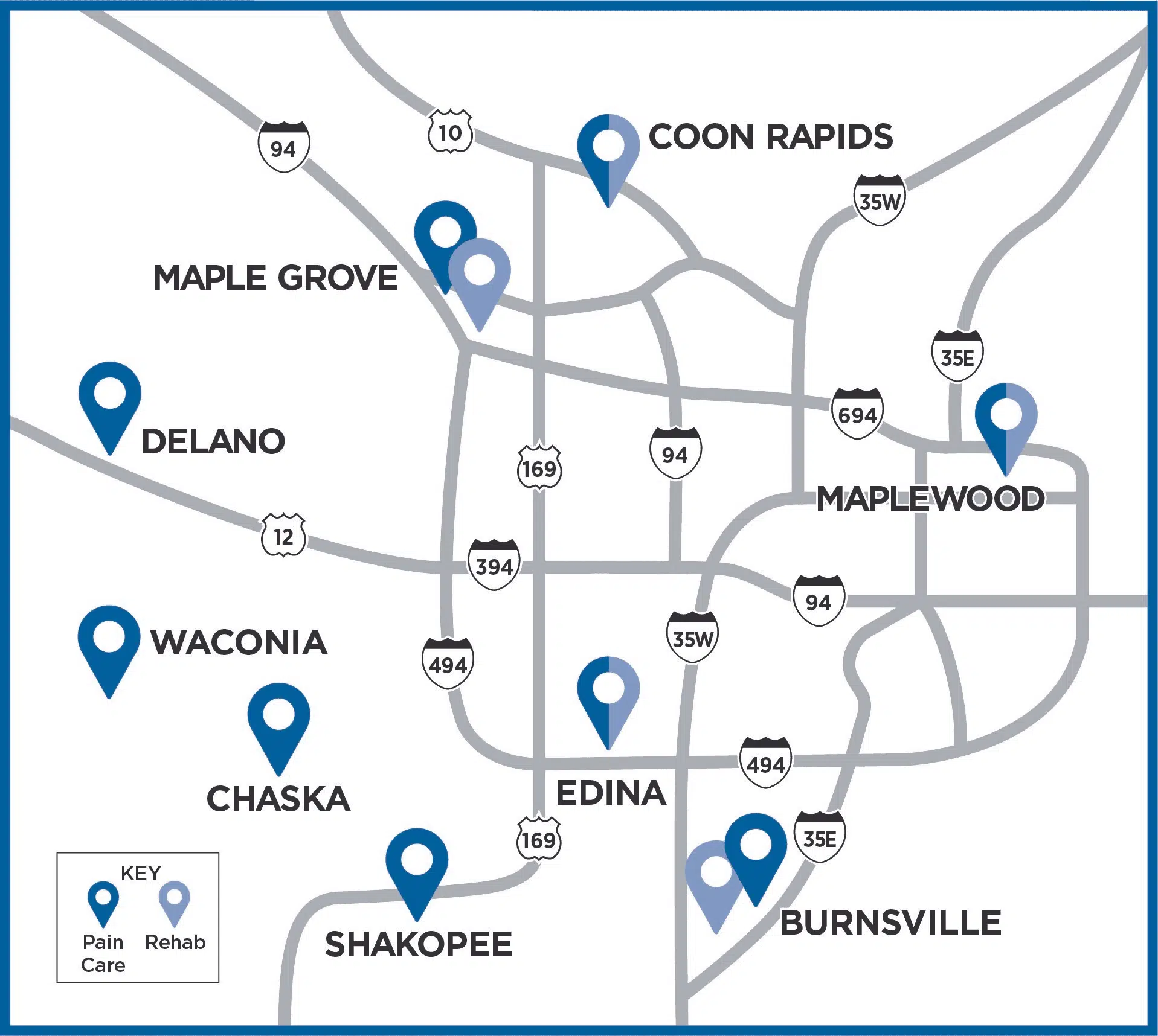iSpine Map 5-2023 iSpine Clinic locations across the Twin Cities