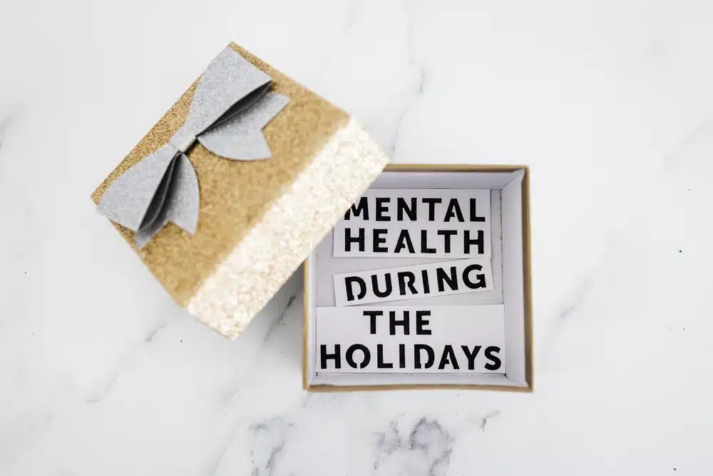 Mental,Health,During,The,Holidays,Text,Inside,Of,Festive,Christmas image of gift of mental health during the holidays