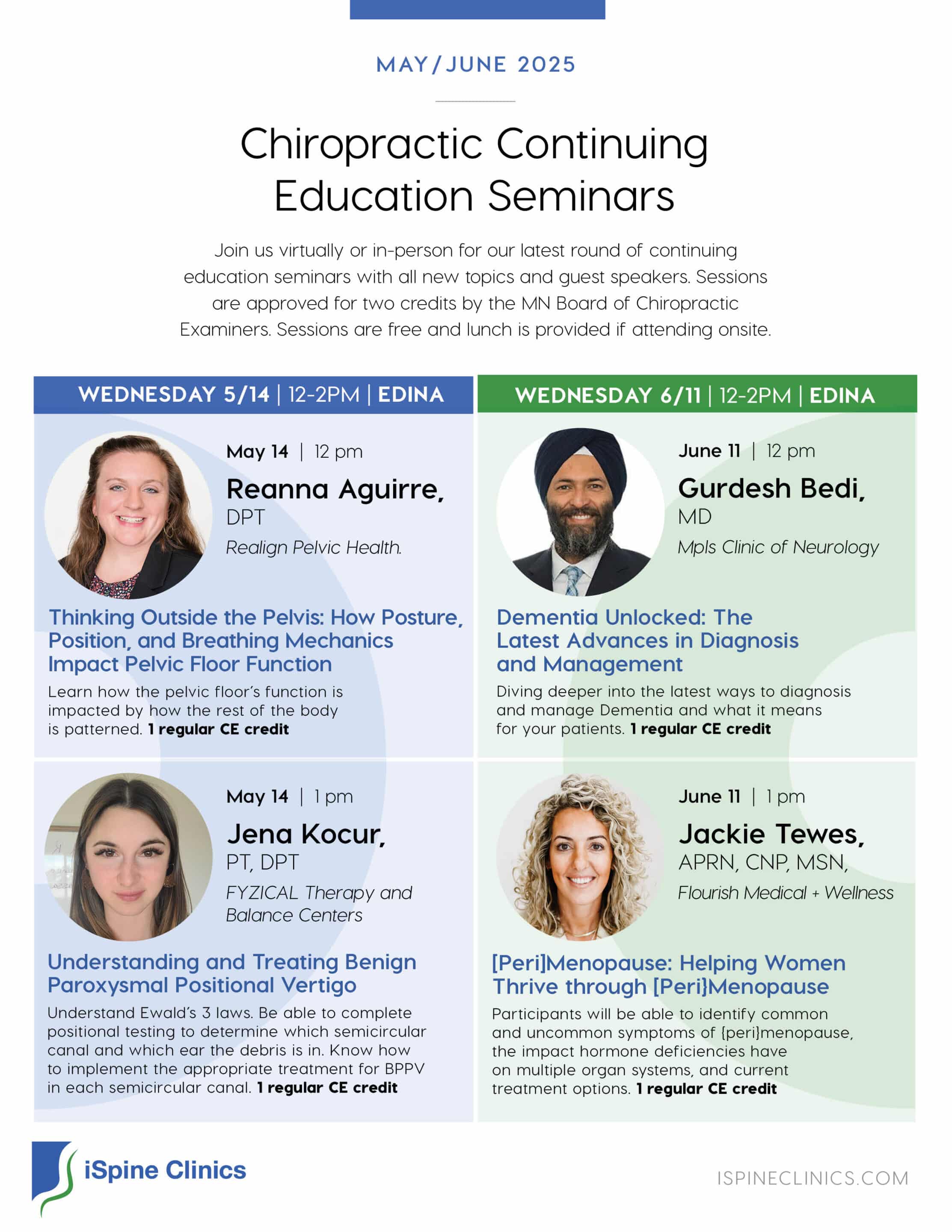iSpine Clinics May and June Continuing Education Flyer