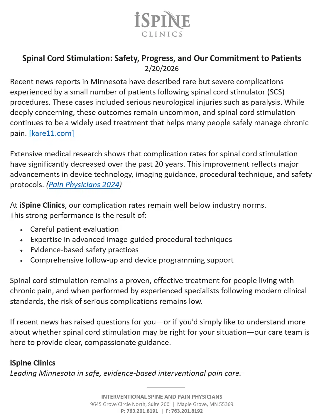 iSpine SCS Letter 2026 iSpine Clinics SCS Letter 2026